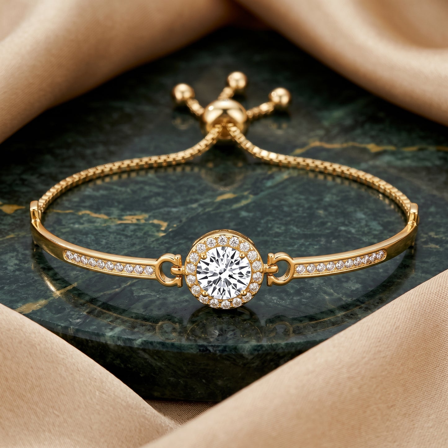 18K Gold Plated Halo Friendship Slider Bracelet with Zircondia Crystals