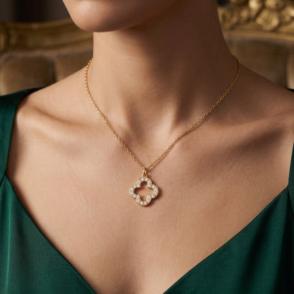 Gold Plated Clover Pendant Necklace with Zircondia Crystals