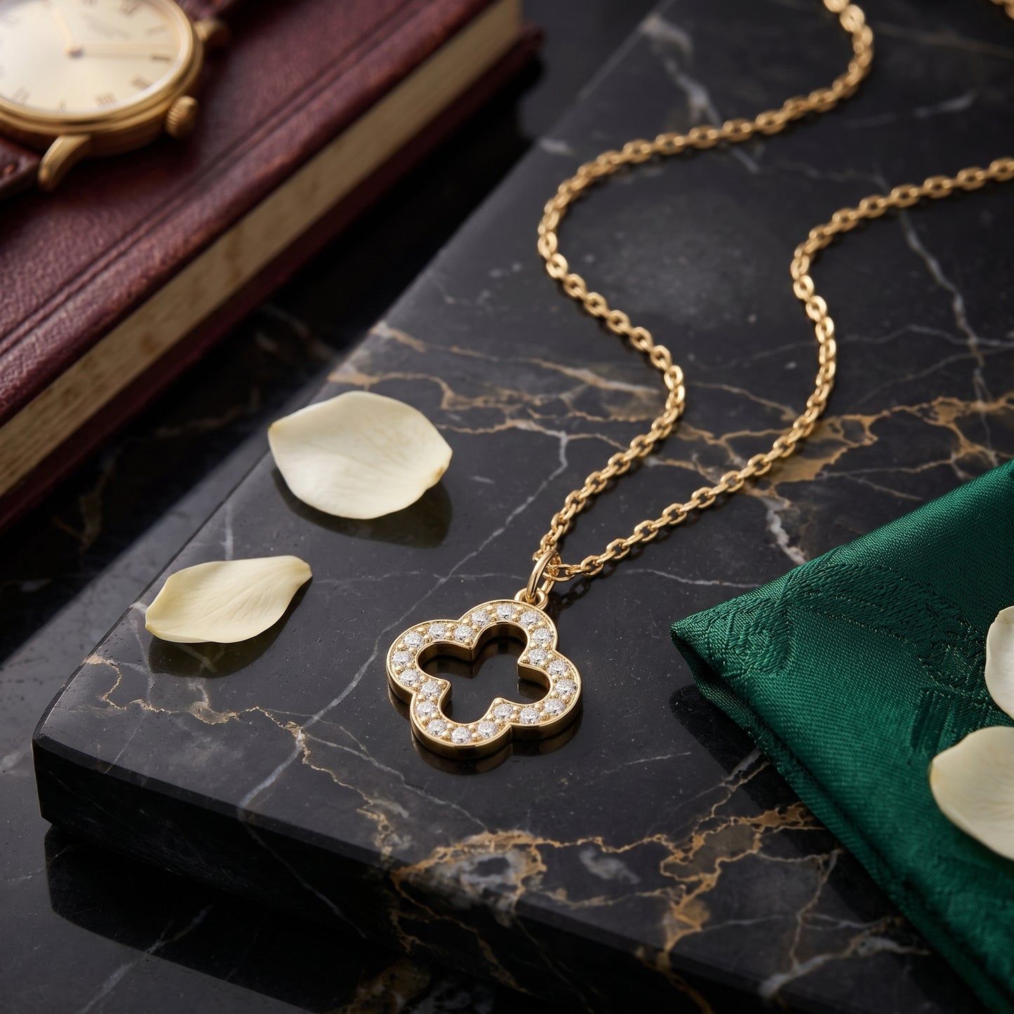 Gold Plated Clover Pendant Necklace with Zircondia Crystals