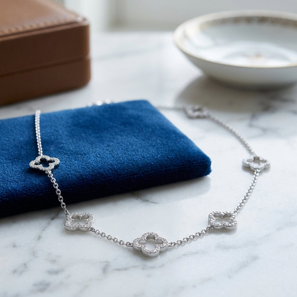 Silver Plated Multi Clover Necklace with Zircondia Crystals