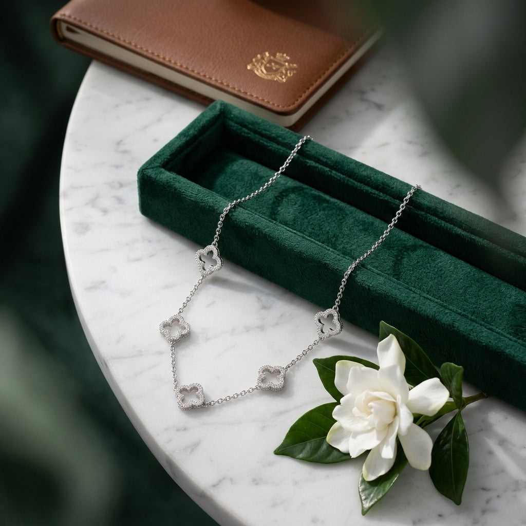 Silver Plated Multi Clover Necklace with Zircondia Crystals