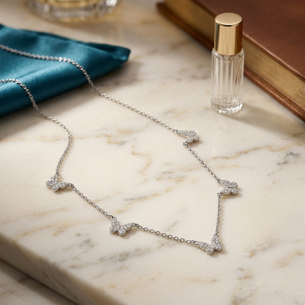 925 Sterling Silver Butterfly Necklace with Cubic Zirconia - Silver