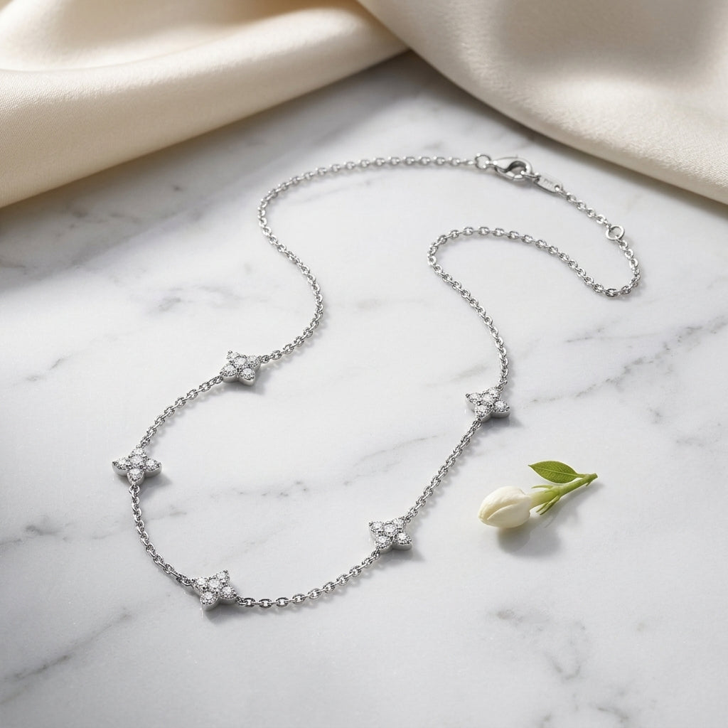 925 Sterling Silver Four Leaf Clover Necklace with Cubic Zirconia - Silver