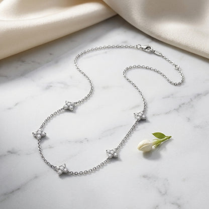 925 Sterling Silver Four Leaf Clover Necklace with Cubic Zirconia - Silver