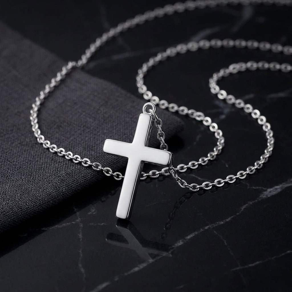 925 Sterling Silver White Gold Plated Curb Chain Cross Necklace - Silver