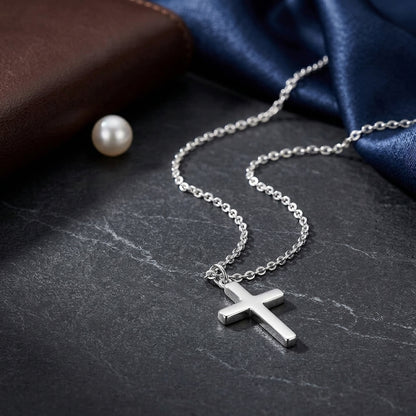 925 Sterling Silver White Gold Plated Curb Chain Cross Necklace - Silver