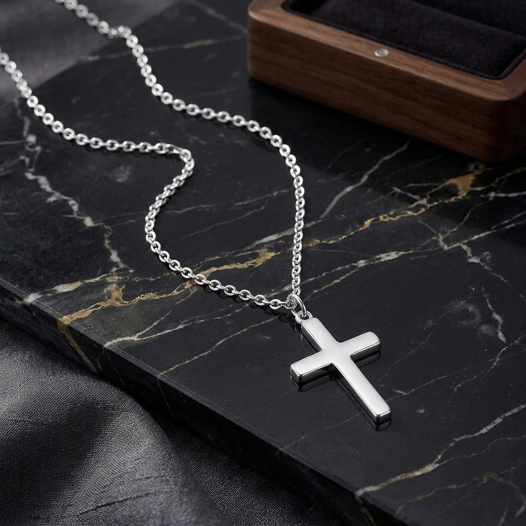 925 Sterling Silver White Gold Plated Curb Chain Cross Necklace - Silver