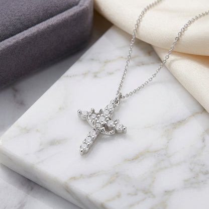 14K Gold Plated Crown Cross Necklace with Cubic Zirconia - Silver