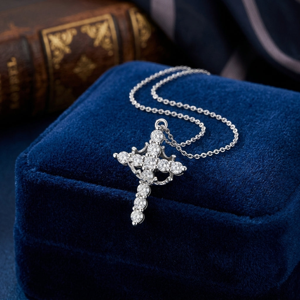 14K Gold Plated Crown Cross Necklace with Cubic Zirconia - Silver