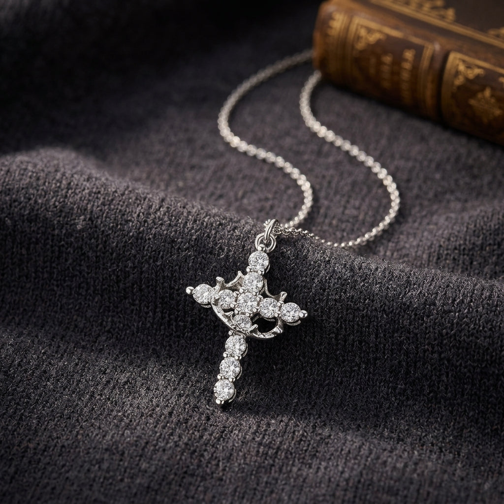 14K Gold Plated Crown Cross Necklace with Cubic Zirconia - Silver