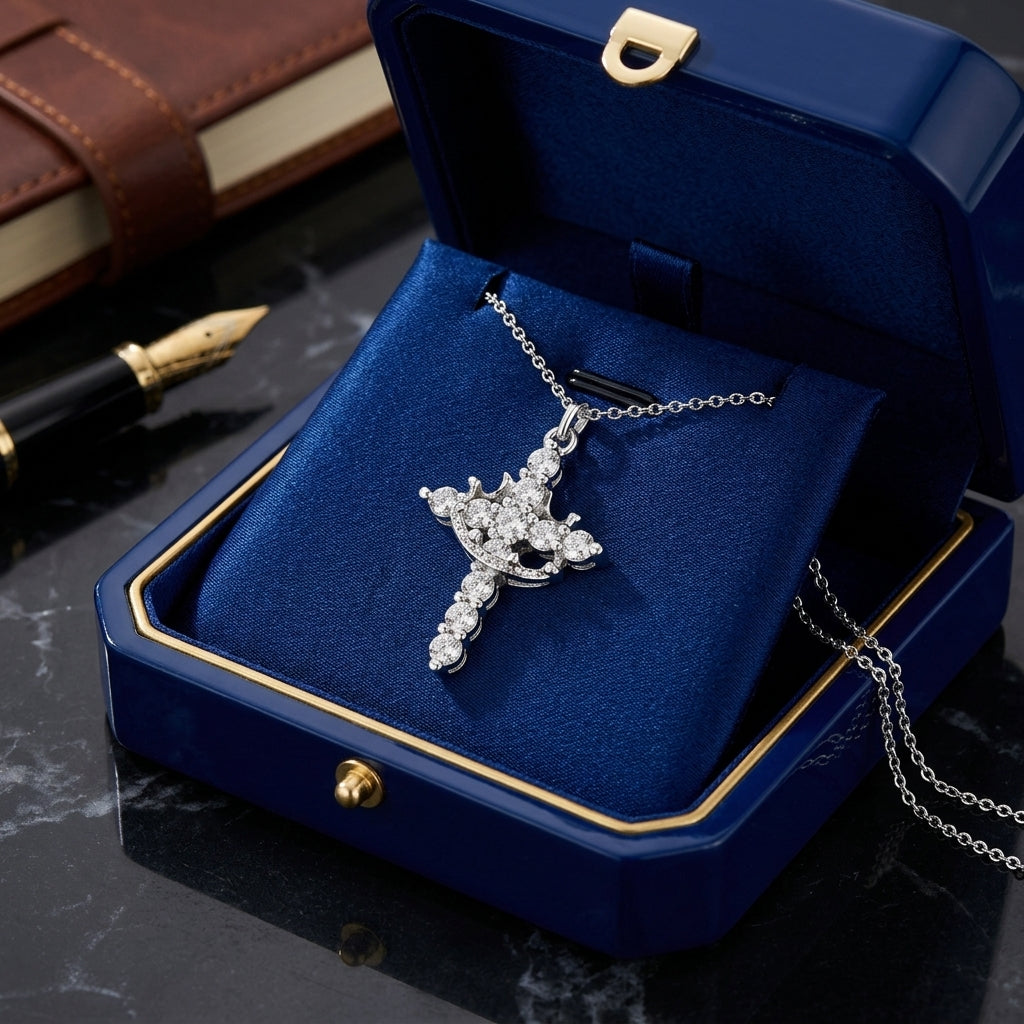 14K Gold Plated Crown Cross Necklace with Cubic Zirconia - Silver
