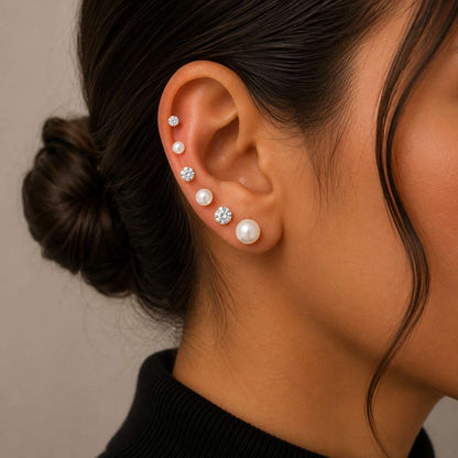 14K Gold Plated Pearl and CZ Stud Earrings Set of 6 Pairs - Gold