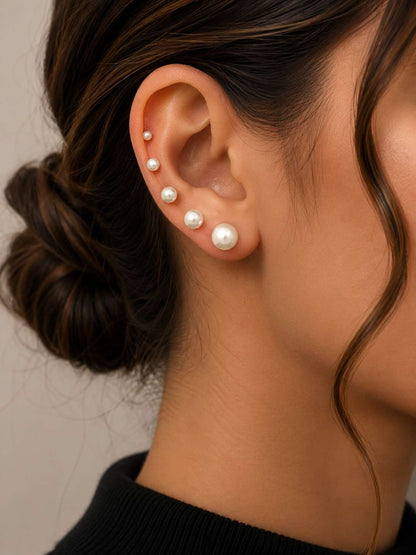 14K Gold Plated Pearl Stud Earrings Set of 6 Pairs - Gold