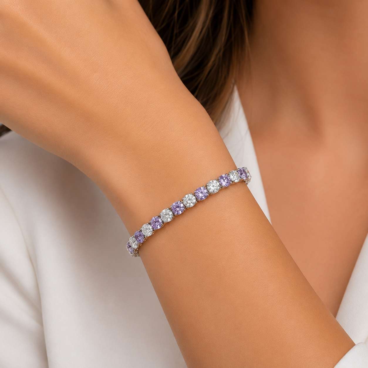 925 Sterling Silver Plated Tennis Bracelet with Purple and White Cubic Zirconia - Silver