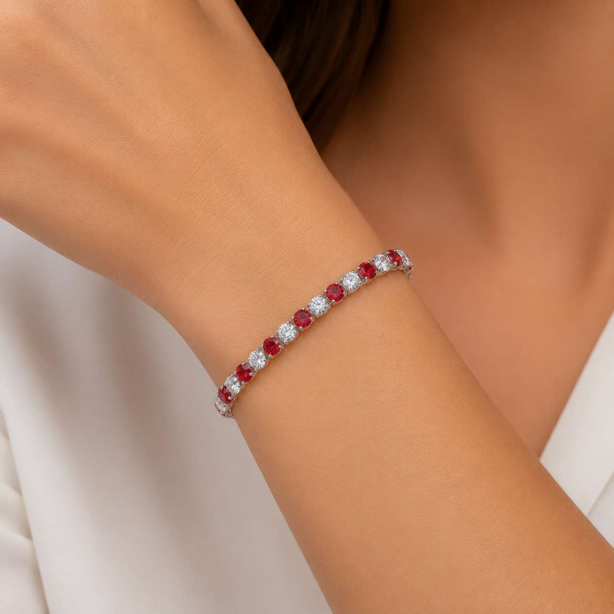 925 Sterling Silver Plated Tennis Bracelet with Red and White Cubic Zirconia - Silver
