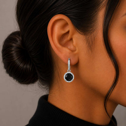 925 Sterling Silver Round Drop Earrings with Black Cubic Zirconia - Silver