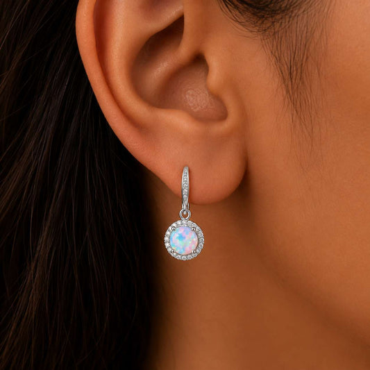 925 Sterling Silver Round Drop Earrings with Opal - Silver