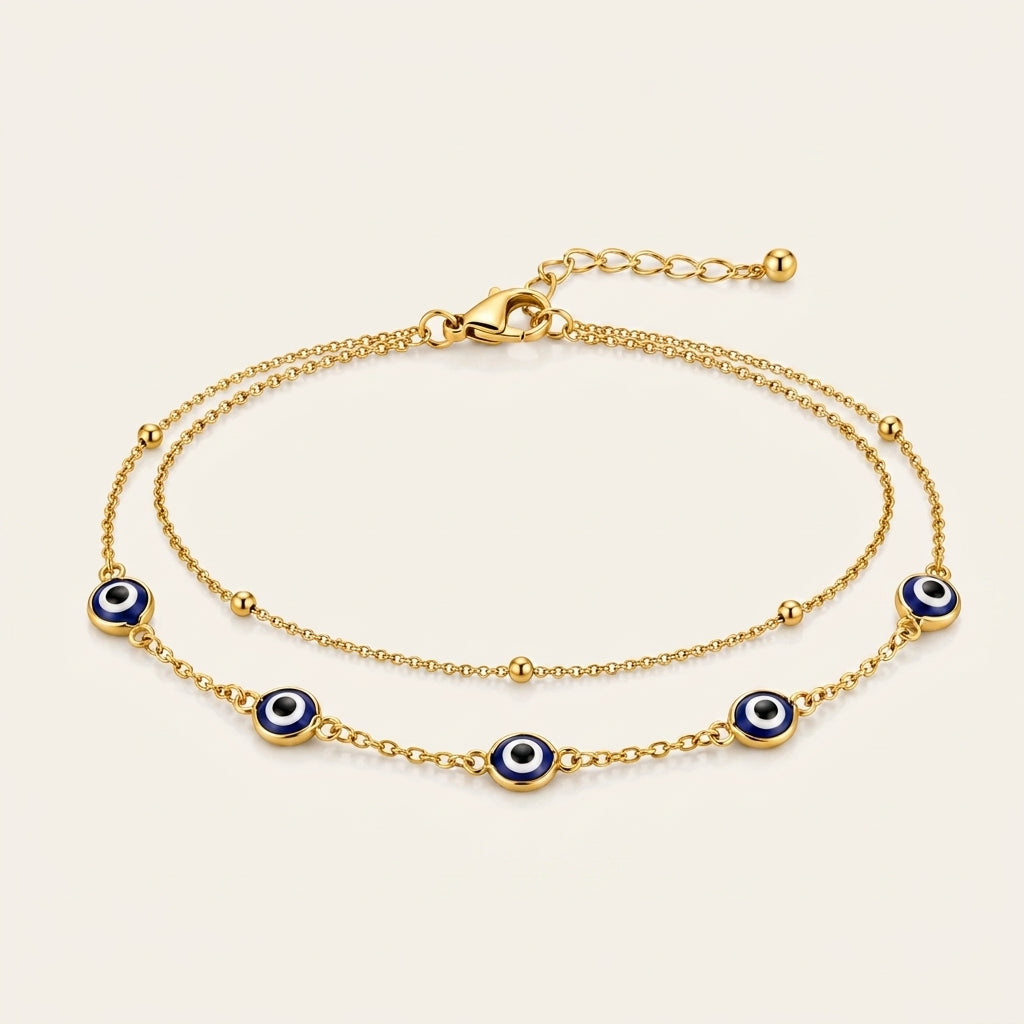 14K Gold Plated Double Layer Evil Eye Bracelet - Gold