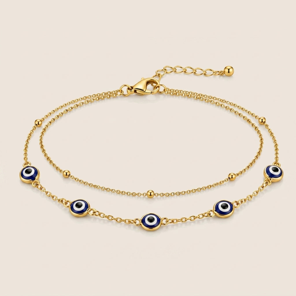 14K Gold Plated Double Layer Evil Eye Bracelet - Gold