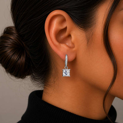925 Sterling Silver Square Drop Earrings with AAAAA Cubic Zirconia - Silver
