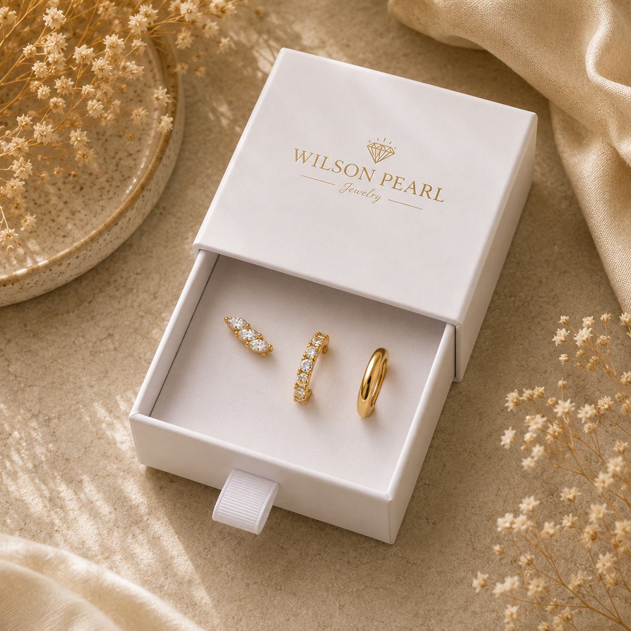 925 Sterling Silver Maple Leaf CZ Stud and Hoop Earring Set of 3 Pairs - Gold