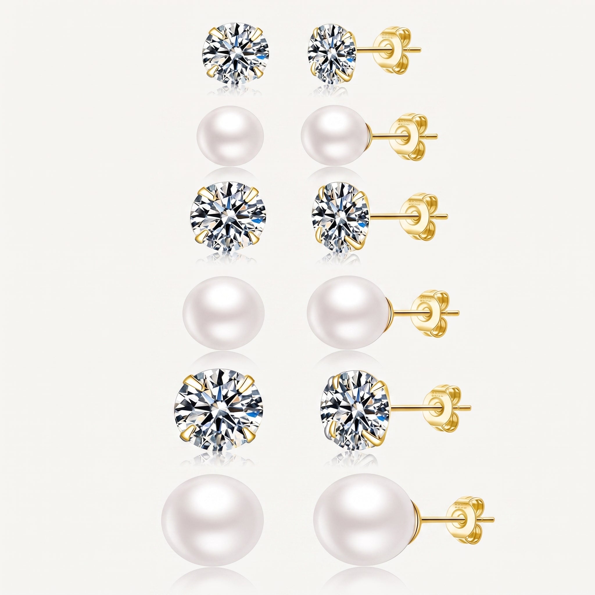 14K Gold Plated Pearl and CZ Stud Earrings Set of 6 Pairs - Gold