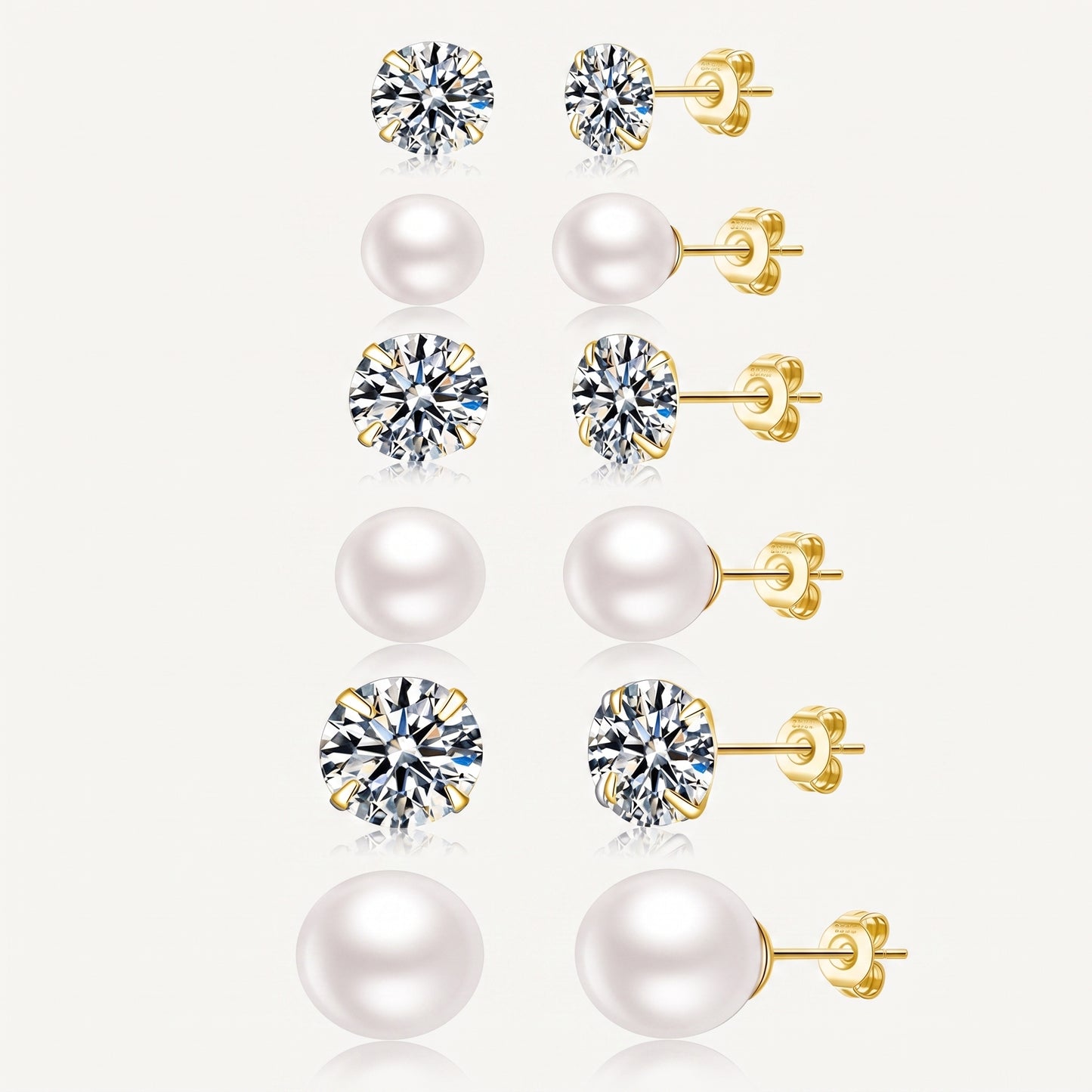 14K Gold Plated Pearl and CZ Stud Earrings Set of 6 Pairs - Gold