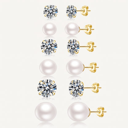 14K Gold Plated Pearl and CZ Stud Earrings Set of 6 Pairs - Gold