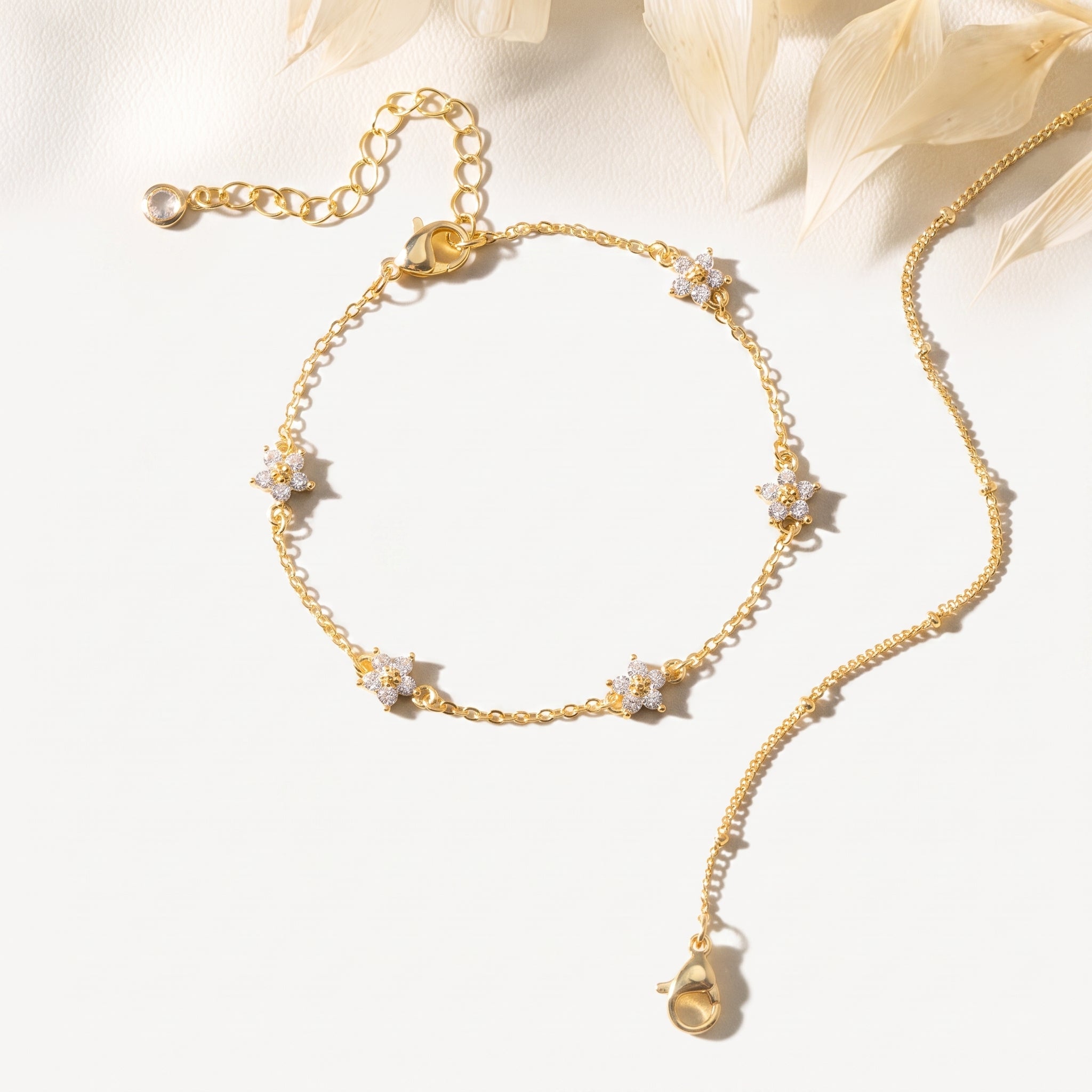 14K Gold Plated Double Layer CZ Flower Bracelet - Gold