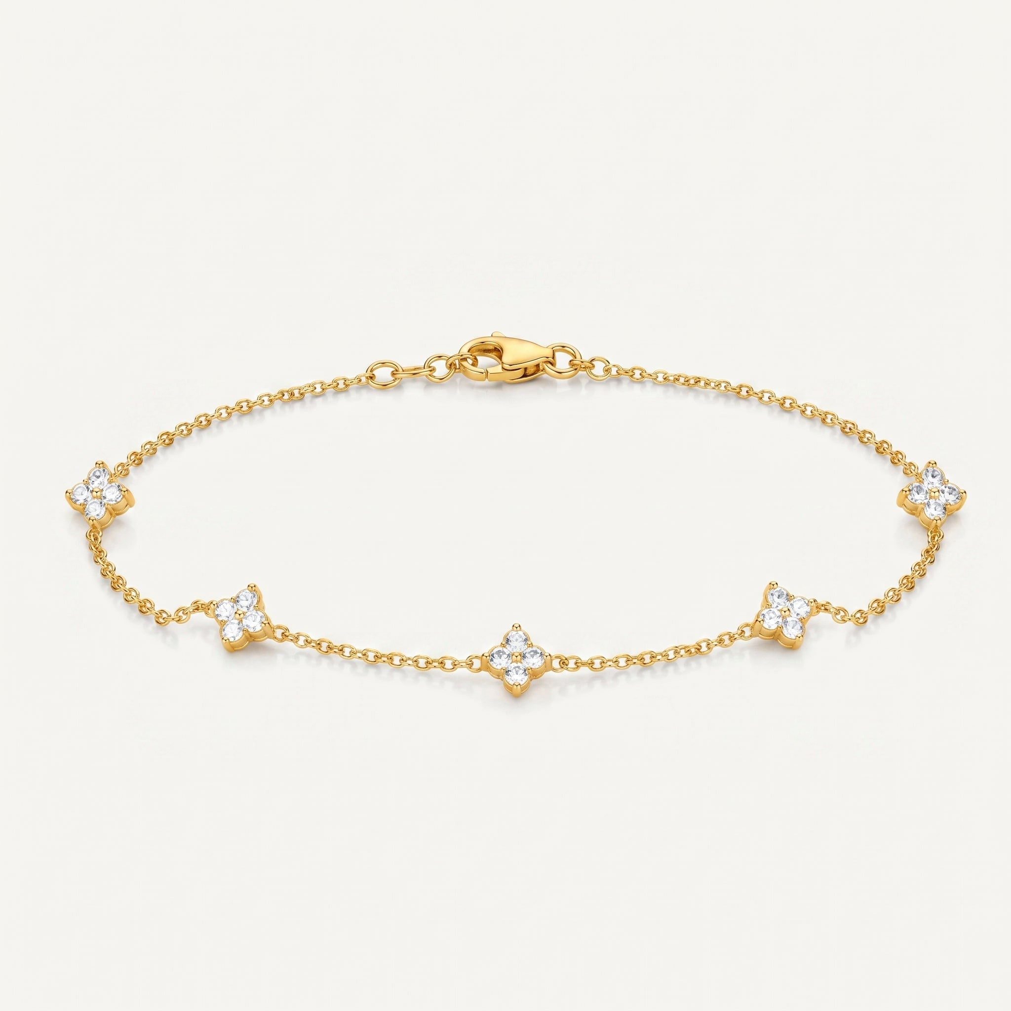 925 Sterling Silver Clover Charm Bracelet with Cubic Zirconia - Gold