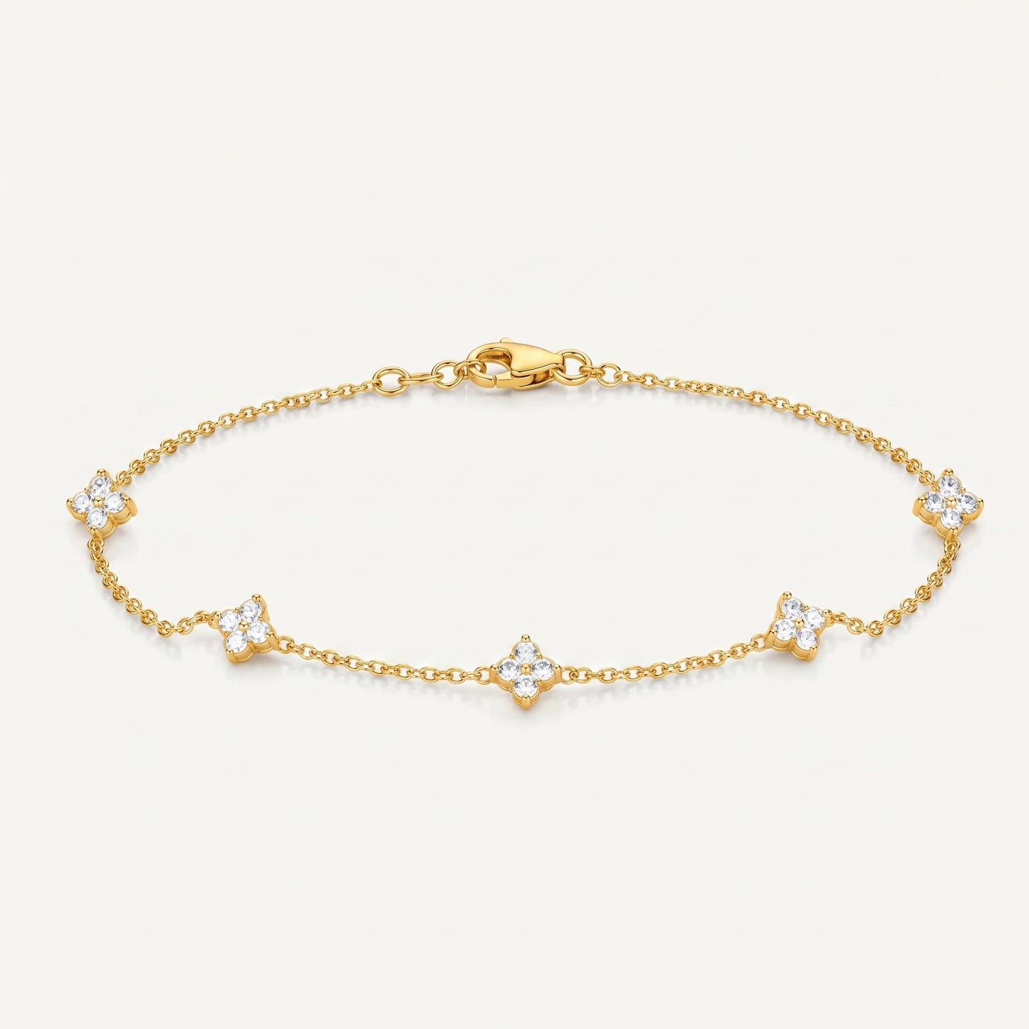 925 Sterling Silver Clover Charm Bracelet with Cubic Zirconia - Gold