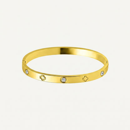 18K Gold Plated Stainless Steel Engraved CZ Bangle Bracelet - Gold