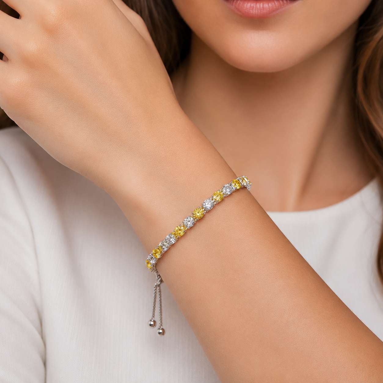 925 Sterling Silver Plated Tennis Bracelet with Yellow and White Cubic Zirconia - Silver